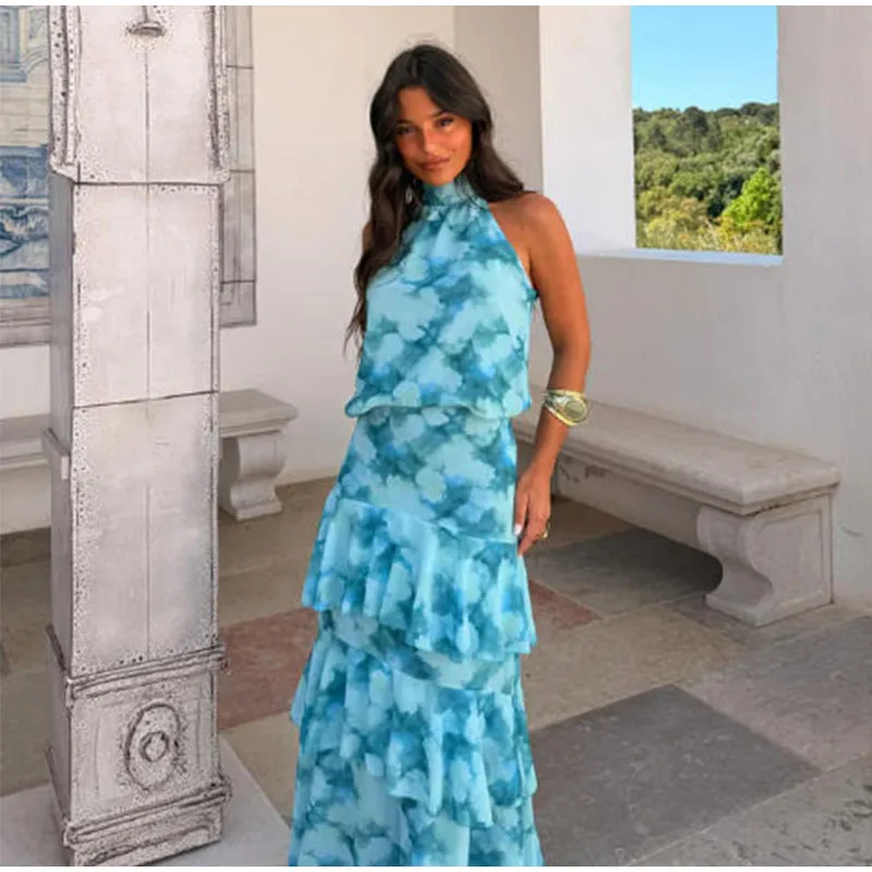 Floral Print Halter Neck Top Maxi Skirt Set Sleeveless Ruffle Hem 2026 Summer Beach Women Co-ord Chic Boho Lady Vacation Outfit