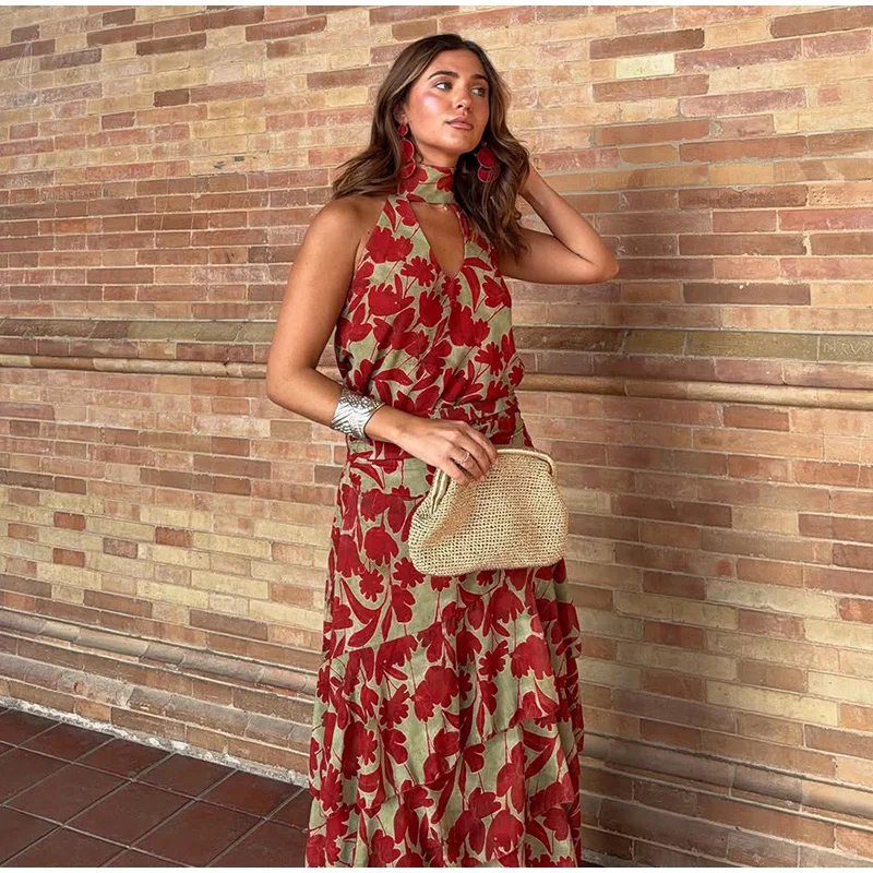 Floral Print Halter Neck Top Maxi Skirt Set Sleeveless Ruffle Hem 2026 Summer Beach Women Co-ord Chic Boho Lady Vacation Outfit