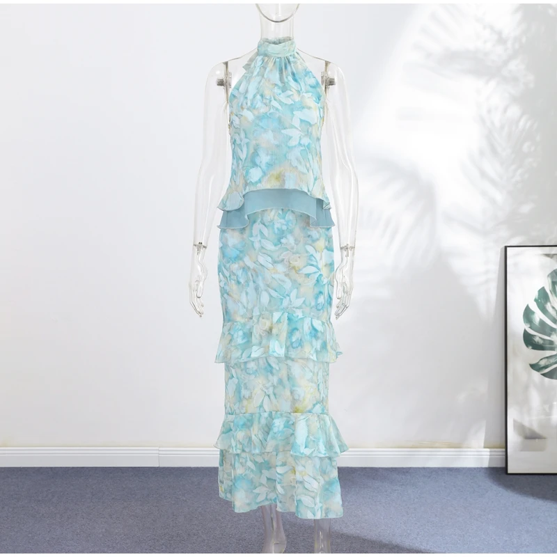Floral Print Halter Neck Top Maxi Skirt Set Sleeveless Ruffle Hem 2026 Summer Beach Women Co-ord Chic Boho Lady Vacation Outfit