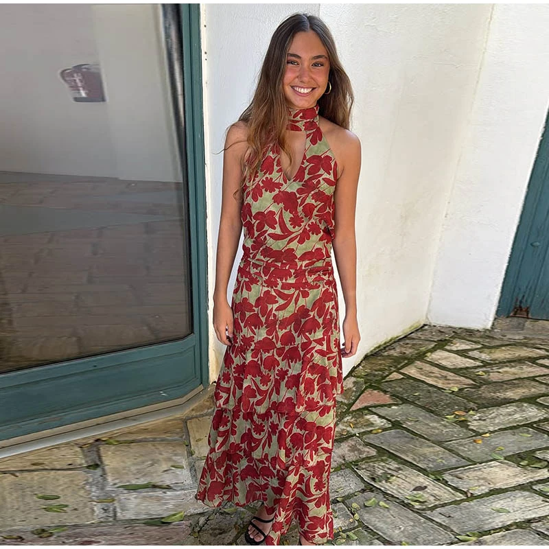 Floral Print Halter Neck Top Maxi Skirt Set Sleeveless Ruffle Hem 2026 Summer Beach Women Co-ord Chic Boho Lady Vacation Outfit