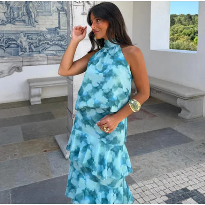 Floral Print Halter Neck Top Maxi Skirt Set Sleeveless Ruffle Hem 2026 Summer Beach Women Co-ord Chic Boho Lady Vacation Outfit