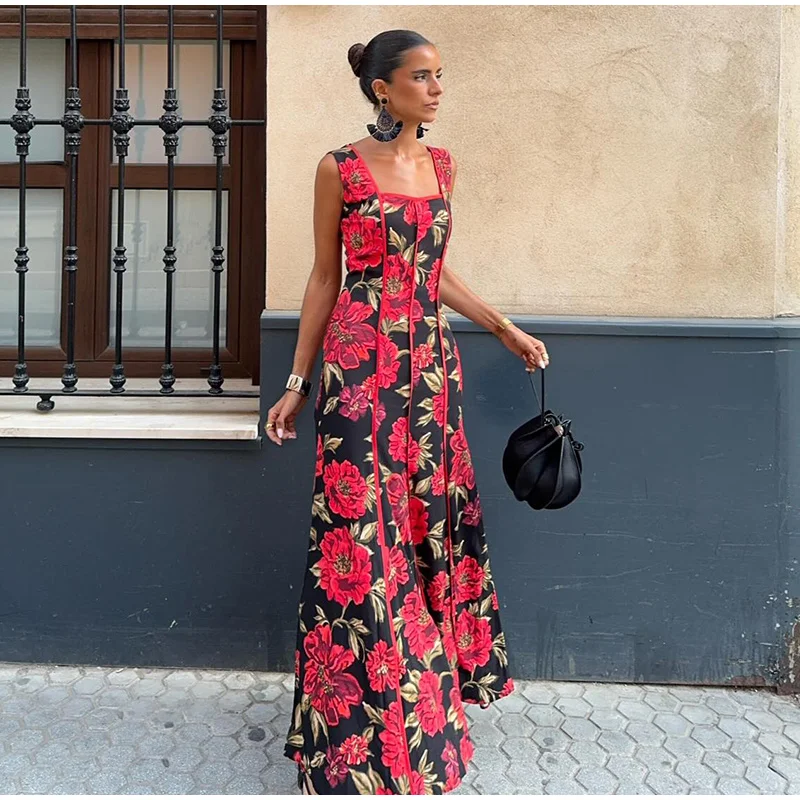 Floral Print Halter Neck Top Maxi Skirt Set Sleeveless Ruffle Hem 2026 Summer Beach Women Co-ord Chic Boho Lady Vacation Outfit