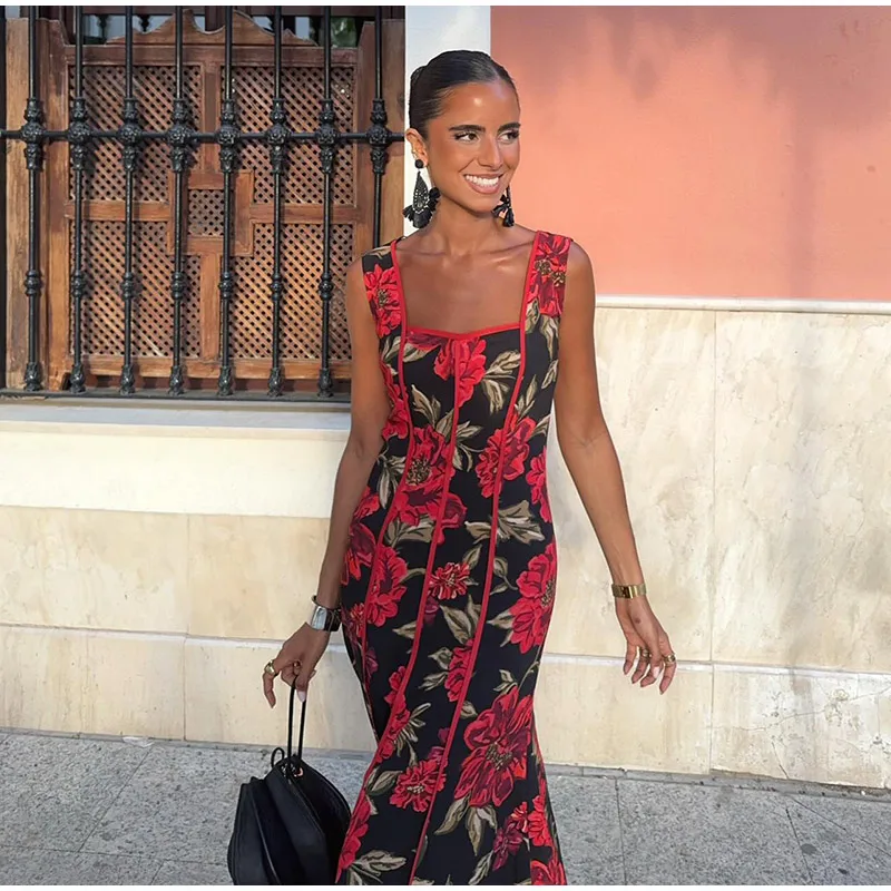 Floral Print Halter Neck Top Maxi Skirt Set Sleeveless Ruffle Hem 2026 Summer Beach Women Co-ord Chic Boho Lady Vacation Outfit
