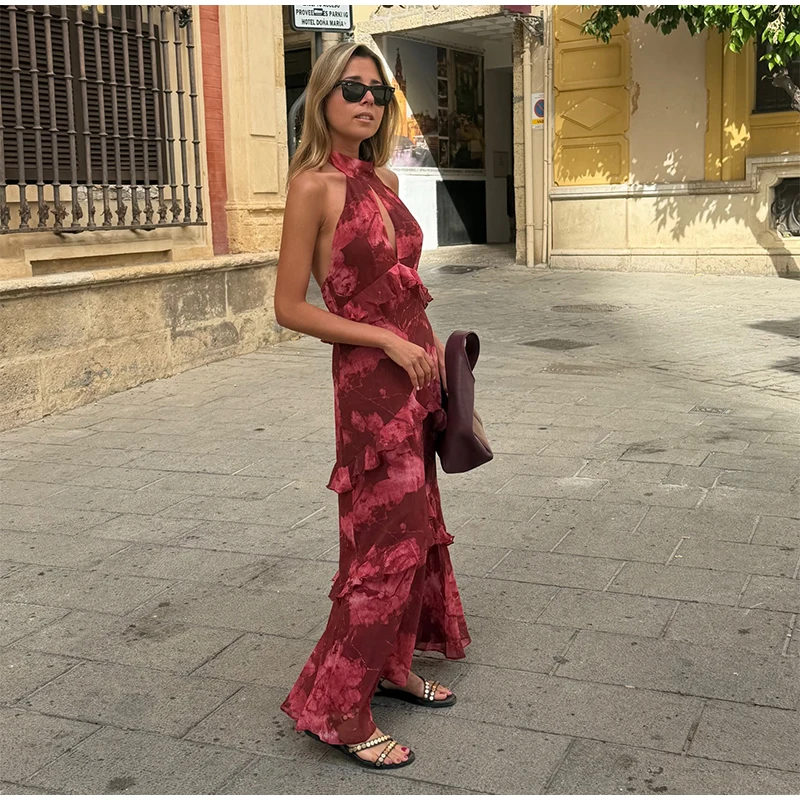 Floral Print Halter Neck Top Maxi Skirt Set Sleeveless Ruffle Hem 2026 Summer Beach Women Co-ord Chic Boho Lady Vacation Outfit