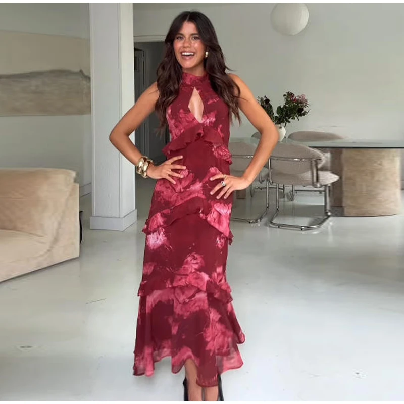 Floral Print Halter Neck Top Maxi Skirt Set Sleeveless Ruffle Hem 2026 Summer Beach Women Co-ord Chic Boho Lady Vacation Outfit