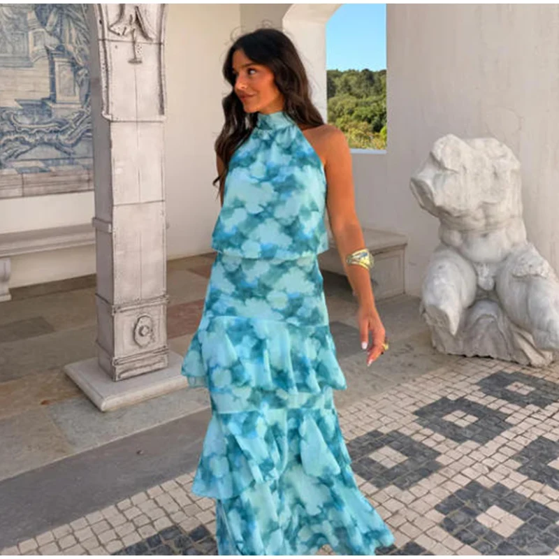 Floral Print Halter Neck Top Maxi Skirt Set Sleeveless Ruffle Hem 2026 Summer Beach Women Co-ord Chic Boho Lady Vacation Outfit