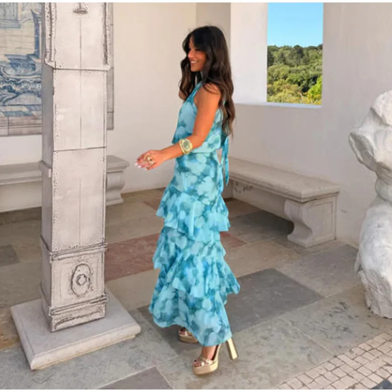 Floral Print Halter Neck Top Maxi Skirt Set Sleeveless Ruffle Hem 2026 Summer Beach Women Co-ord Chic Boho Lady Vacation Outfit