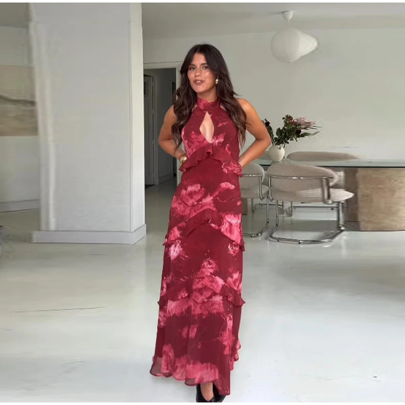 Floral Print Halter Neck Top Maxi Skirt Set Sleeveless Ruffle Hem 2026 Summer Beach Women Co-ord Chic Boho Lady Vacation Outfit