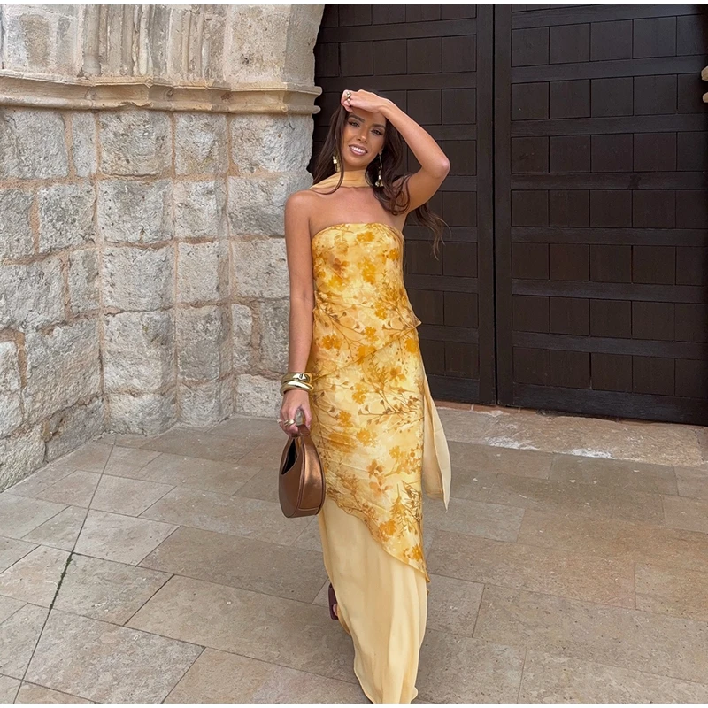 Floral Print Halter Neck Top Maxi Skirt Set Sleeveless Ruffle Hem 2026 Summer Beach Women Co-ord Chic Boho Lady Vacation Outfit