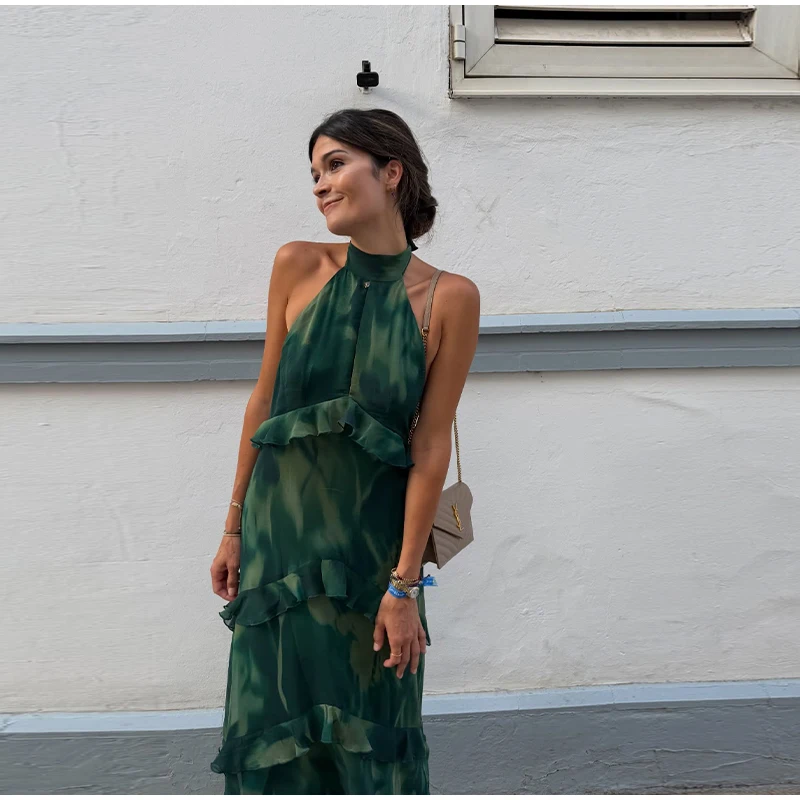 Floral Print Halter Neck Top Maxi Skirt Set Sleeveless Ruffle Hem 2026 Summer Beach Women Co-ord Chic Boho Lady Vacation Outfit