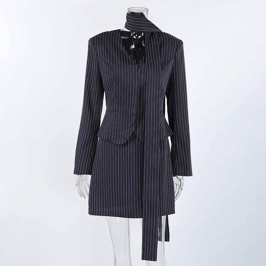 Women's Matching Sets 2026 Woman Navy Blue Striped V-neck Waist Small Suit Top Short A-shaped Skirt Women's Two-piece Set