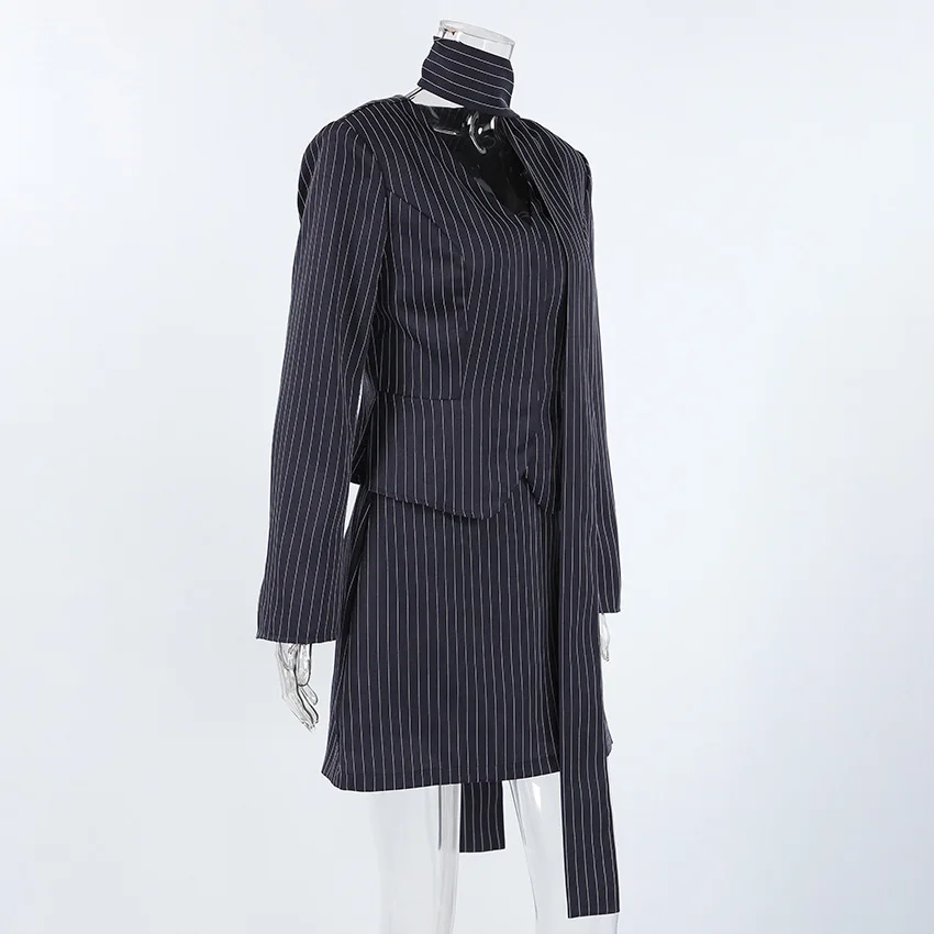 Women's Matching Sets 2026 Woman Navy Blue Striped V-neck Waist Small Suit Top Short A-shaped Skirt Women's Two-piece Set