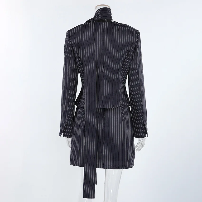 Women's Matching Sets 2026 Woman Navy Blue Striped V-neck Waist Small Suit Top Short A-shaped Skirt Women's Two-piece Set