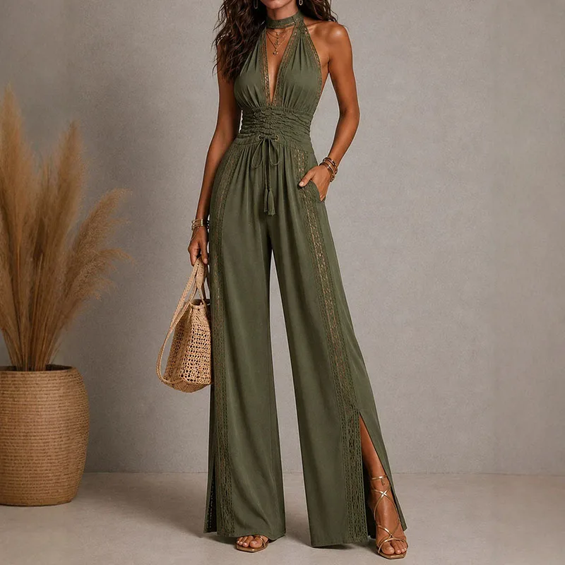 Vintage Solid Halter Backless Jumpsuits Women High Neck Deep V Self Tie Waist Hollow Lace Wide Leg Romper Resort Travel Overalls