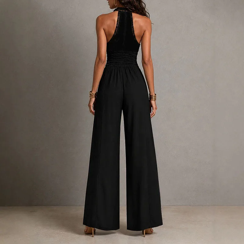 Vintage Solid Halter Backless Jumpsuits Women High Neck Deep V Self Tie Waist Hollow Lace Wide Leg Romper Resort Travel Overalls