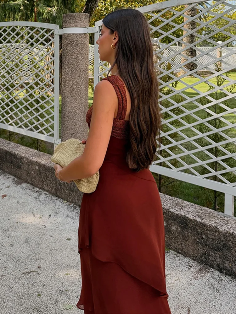 Women's Dress Irregular One-Shoulder Waist Cinching Layered Chiffon Solid Long Dresses Elegant Summer New Daily Wear Ladies Robe