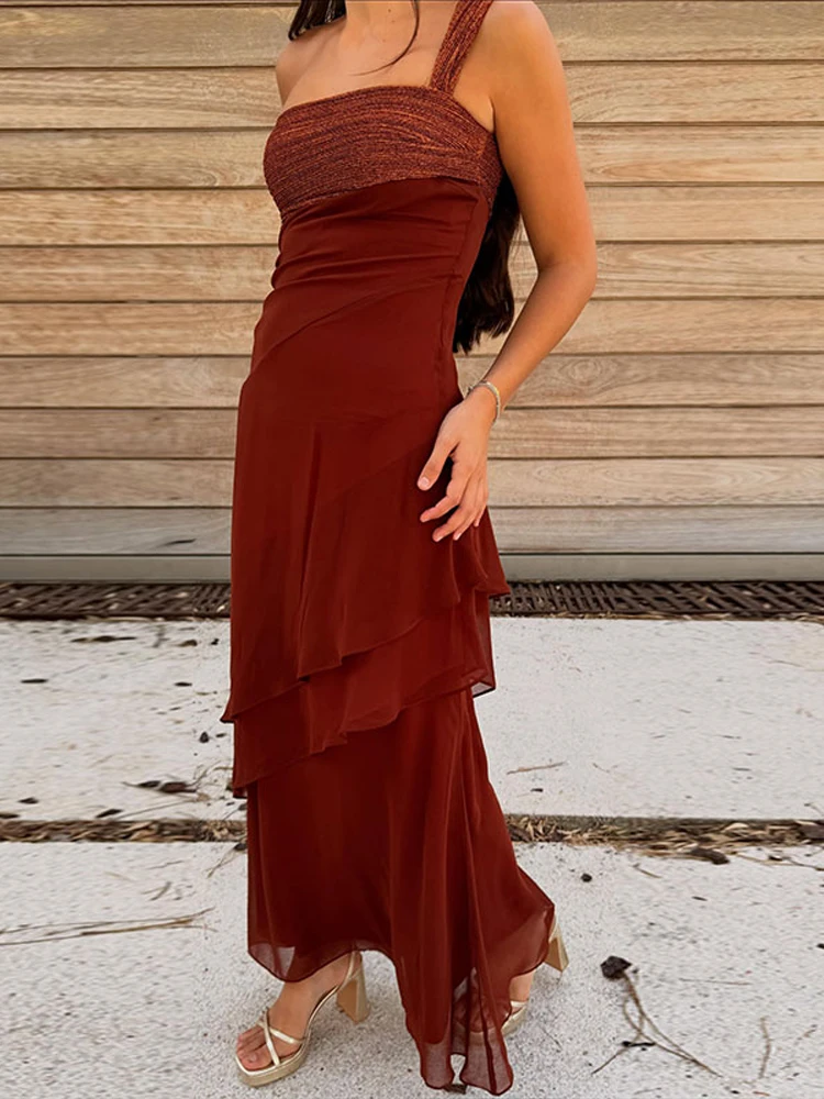 Women's Dress Irregular One-Shoulder Waist Cinching Layered Chiffon Solid Long Dresses Elegant Summer New Daily Wear Ladies Robe