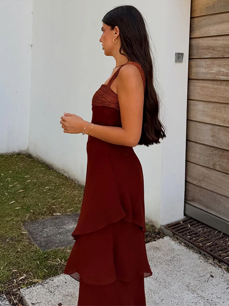 Women's Dress Irregular One-Shoulder Waist Cinching Layered Chiffon Solid Long Dresses Elegant Summer New Daily Wear Ladies Robe