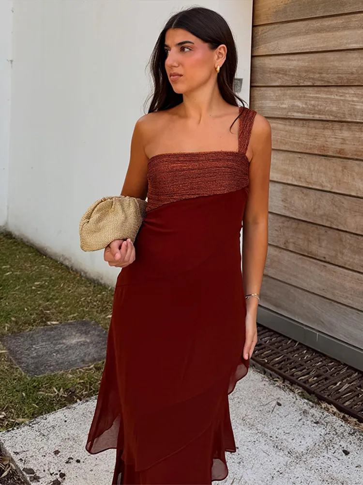 Women's Dress Irregular One-Shoulder Waist Cinching Layered Chiffon Solid Long Dresses Elegant Summer New Daily Wear Ladies Robe