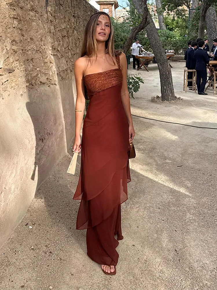 Women's Dress Irregular One-Shoulder Waist Cinching Layered Chiffon Solid Long Dresses Elegant Summer New Daily Wear Ladies Robe