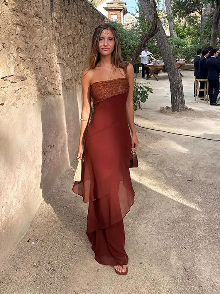 Women's Dress Irregular One-Shoulder Waist Cinching Layered Chiffon Solid Long Dresses Elegant Summer New Daily Wear Ladies Robe