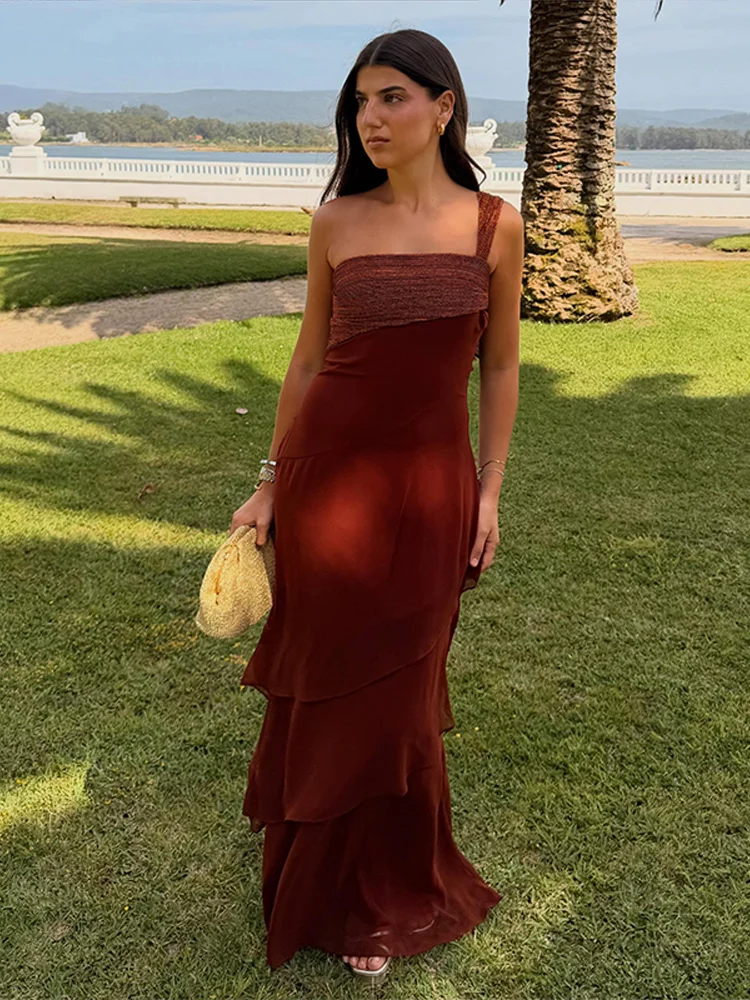 Women's Dress Irregular One-Shoulder Waist Cinching Layered Chiffon Solid Long Dresses Elegant Summer New Daily Wear Ladies Robe