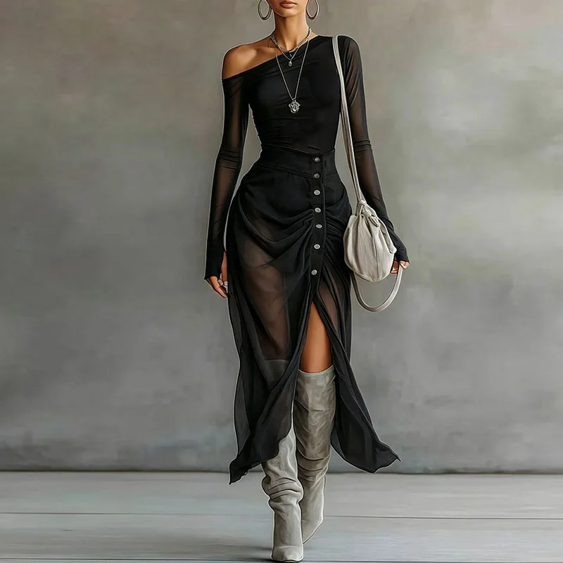 Elegant Slim Mesh Two Piece Suit Women High Neck Button T-Shirt Drawstring Ruched Wrap Long Skirt Set Sexy Clubwear Dress Outfit