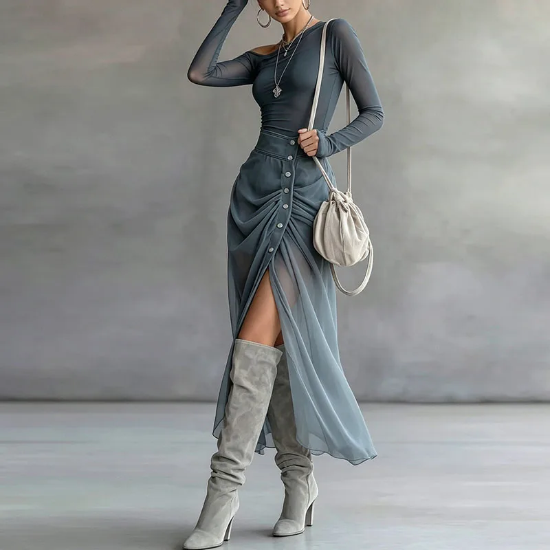 Elegant Slim Mesh Two Piece Suit Women High Neck Button T-Shirt Drawstring Ruched Wrap Long Skirt Set Sexy Clubwear Dress Outfit