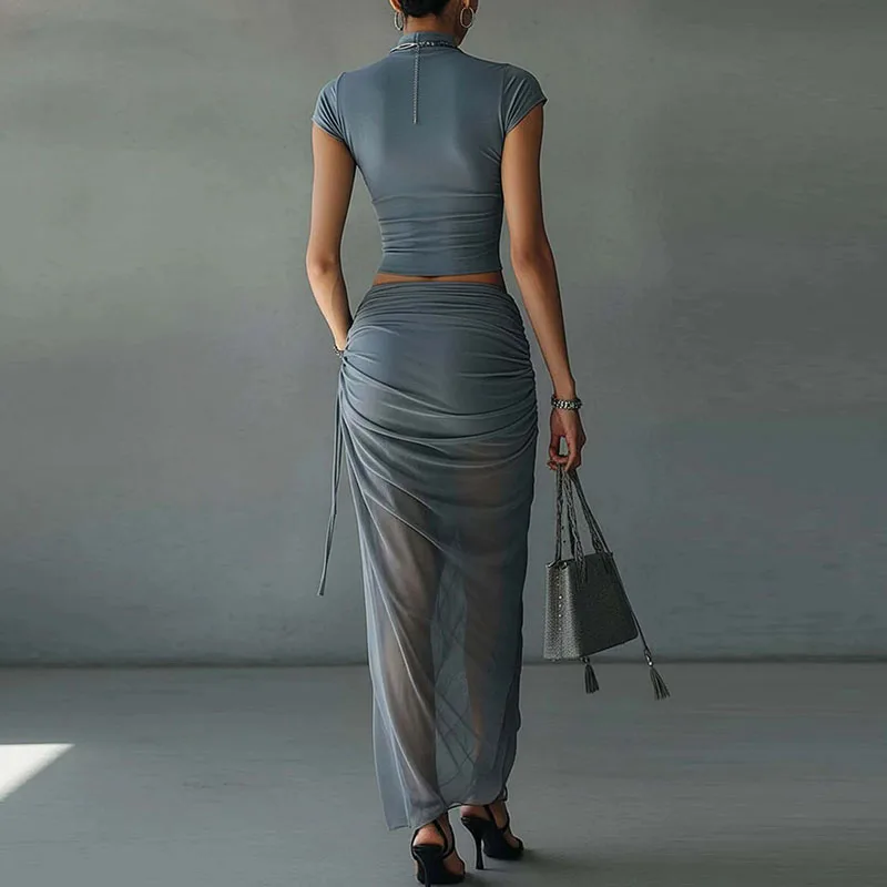 Elegant Slim Mesh Two Piece Suit Women High Neck Button T-Shirt Drawstring Ruched Wrap Long Skirt Set Sexy Clubwear Dress Outfit