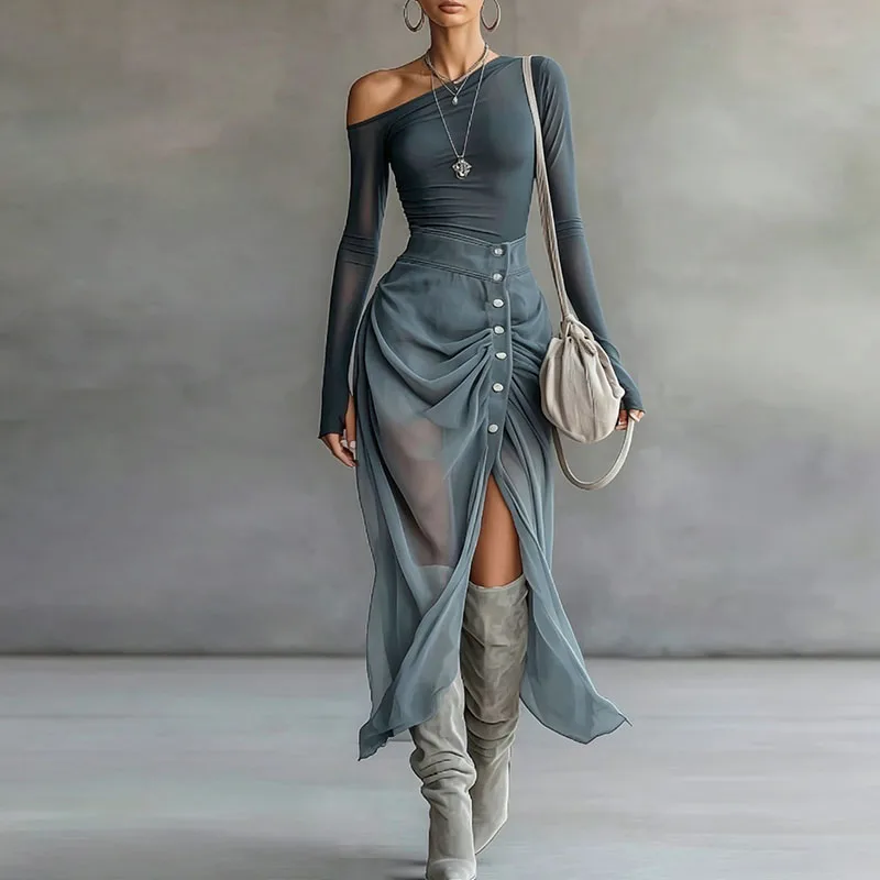 Elegant Slim Mesh Two Piece Suit Women High Neck Button T-Shirt Drawstring Ruched Wrap Long Skirt Set Sexy Clubwear Dress Outfit