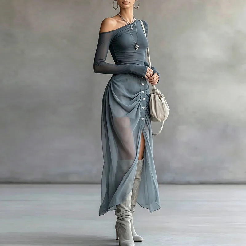 Elegant Slim Mesh Two Piece Suit Women High Neck Button T-Shirt Drawstring Ruched Wrap Long Skirt Set Sexy Clubwear Dress Outfit