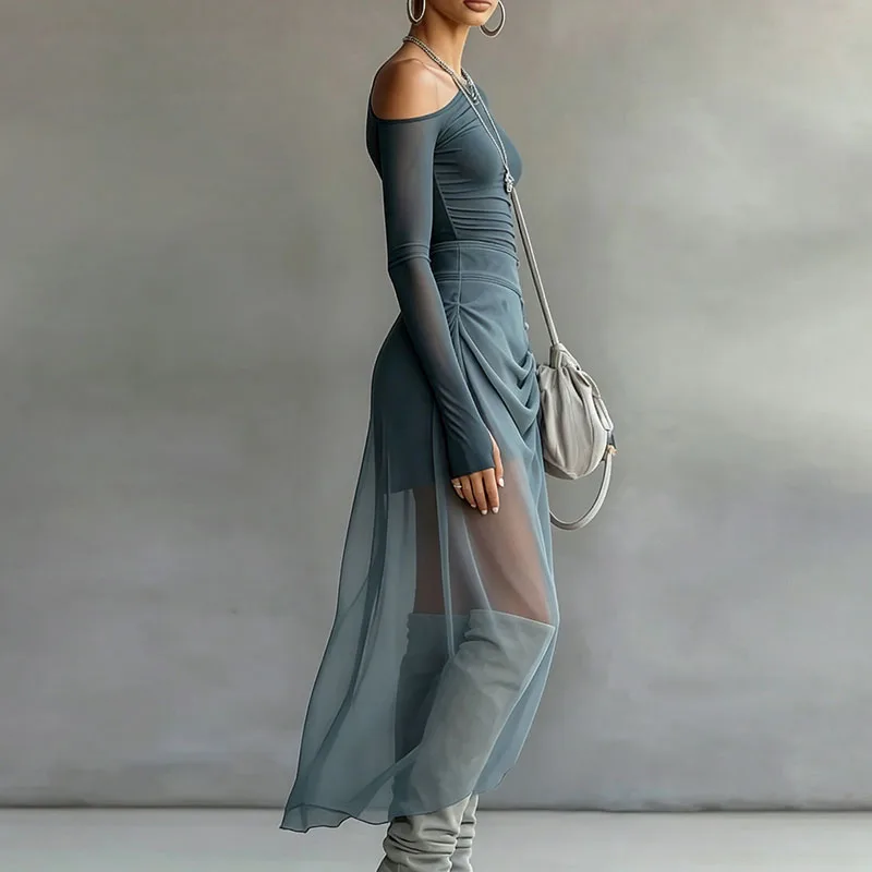 Elegant Slim Mesh Two Piece Suit Women High Neck Button T-Shirt Drawstring Ruched Wrap Long Skirt Set Sexy Clubwear Dress Outfit