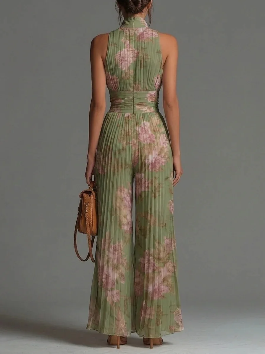 Women Elegant Chiffon Sleeveless Jumpsuit High Waist Pleated Flowy Wide Leg One Piece Overalls Holiday Casual Streetwear Rompers