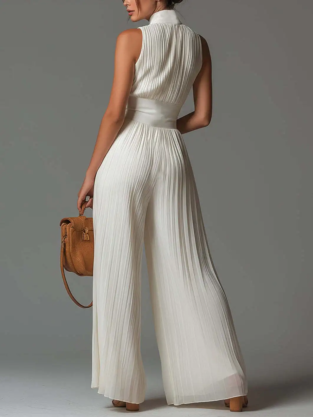 Women Elegant Chiffon Sleeveless Jumpsuit High Waist Pleated Flowy Wide Leg One Piece Overalls Holiday Casual Streetwear Rompers