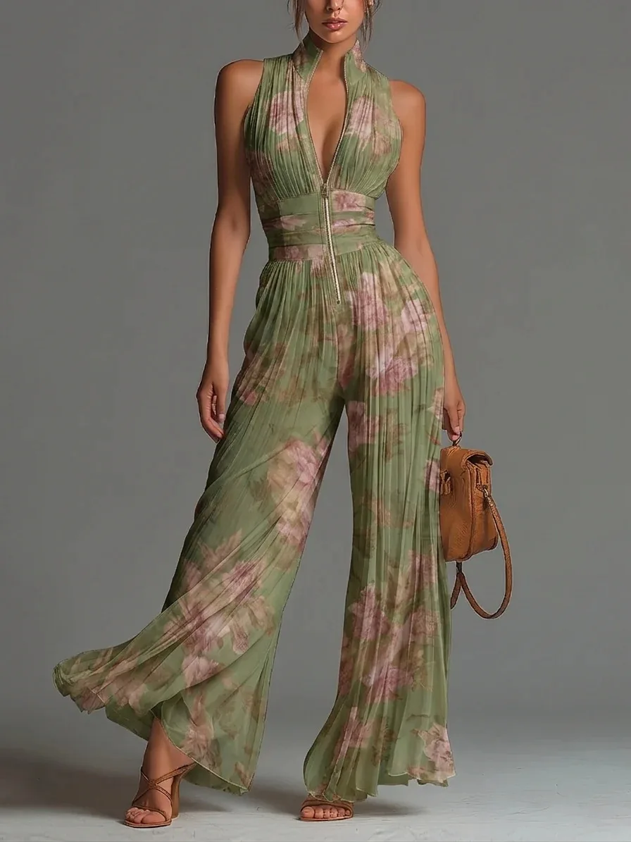 Women Elegant Chiffon Sleeveless Jumpsuit High Waist Pleated Flowy Wide Leg One Piece Overalls Holiday Casual Streetwear Rompers