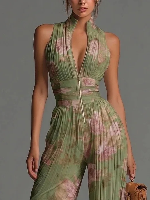 Women Elegant Chiffon Sleeveless Jumpsuit High Waist Pleated Flowy Wide Leg One Piece Overalls Holiday Casual Streetwear Rompers