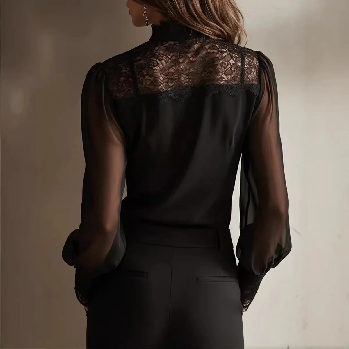 French Retro Blouse Women 2026 Spring Bow Lace-up Shirt Elegant Lace Splicing See-through Long Sleeve Slim Fit Blusas De Mujer