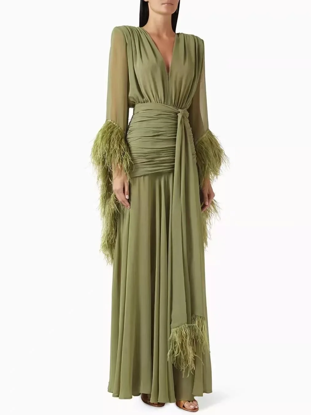 Elegant Fashion V‑Neck Long Sleeve Spliced Feather Chiffon Slit Maxi Dress 2026 Fall New Solid Color Evening Gown