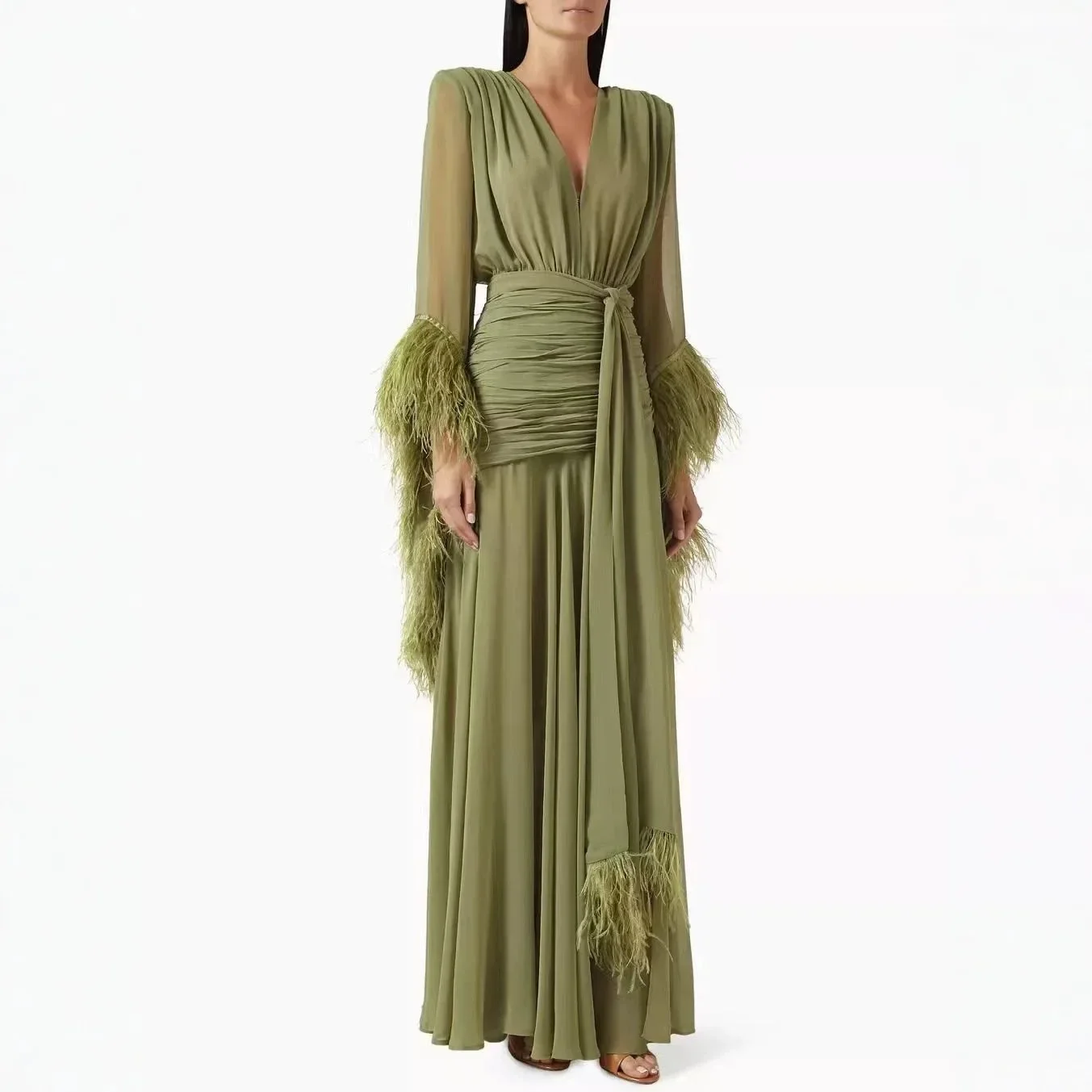Elegant Fashion V‑Neck Long Sleeve Spliced Feather Chiffon Slit Maxi Dress 2026 Fall New Solid Color Evening Gown