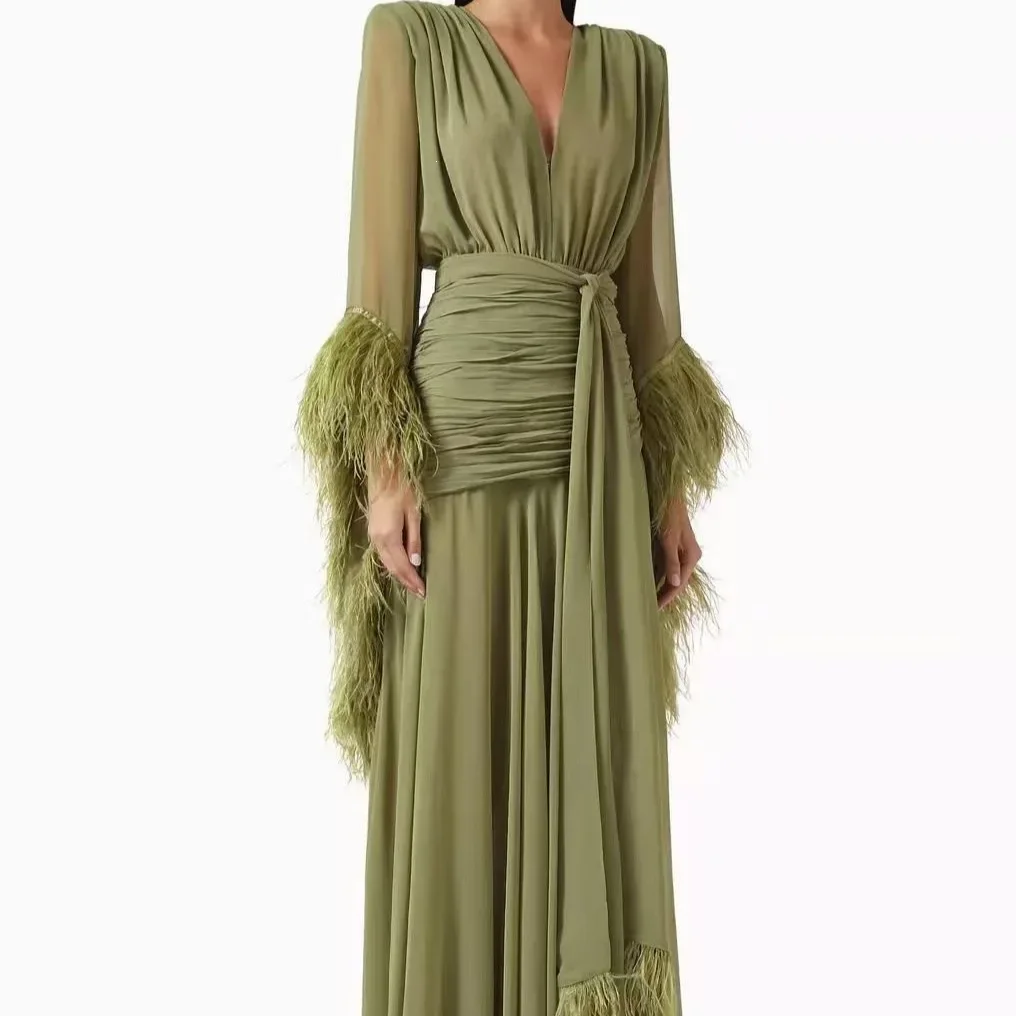 Elegant Fashion V‑Neck Long Sleeve Spliced Feather Chiffon Slit Maxi Dress 2026 Fall New Solid Color Evening Gown
