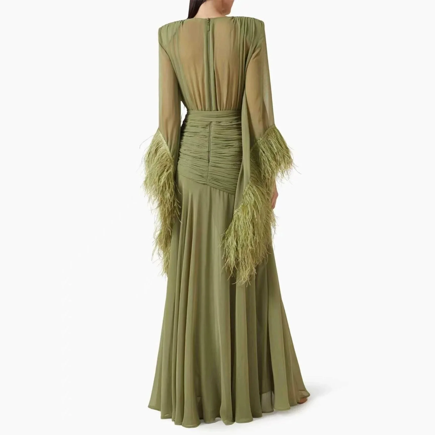 Elegant Fashion V‑Neck Long Sleeve Spliced Feather Chiffon Slit Maxi Dress 2026 Fall New Solid Color Evening Gown