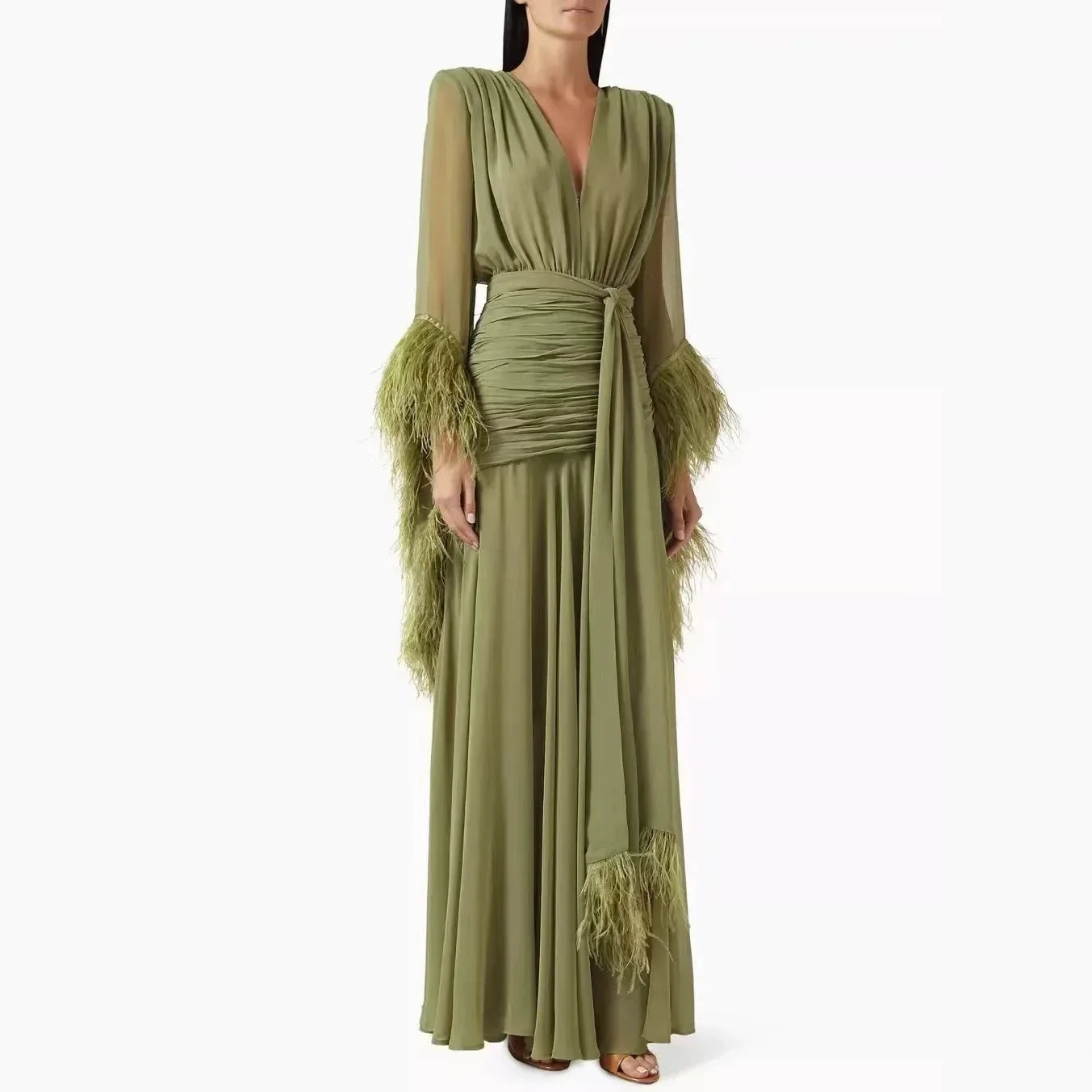 Elegant Fashion V‑Neck Long Sleeve Spliced Feather Chiffon Slit Maxi Dress 2026 Fall New Solid Color Evening Gown