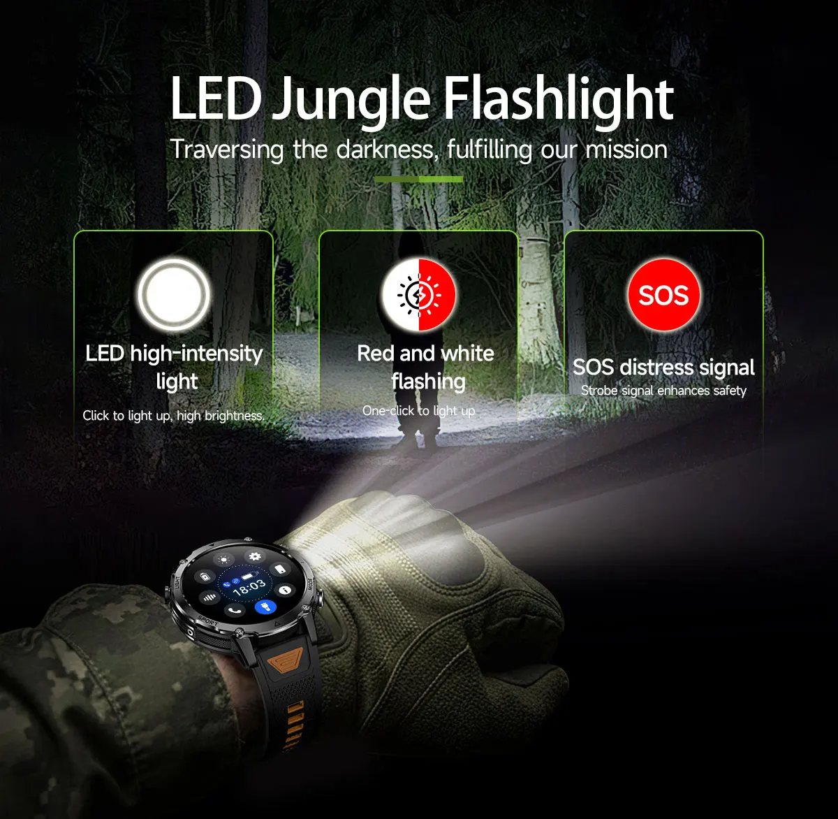 New Military 1400mAh Battery Smart Watch 10ATM Waterproof LED Flashlight Heart Rate 100+Sports mode SOS Alarm Bracelet Men Women