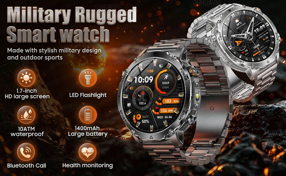 New Military 1400mAh Battery Smart Watch 10ATM Waterproof LED Flashlight Heart Rate 100+Sports mode SOS Alarm Bracelet Men Women