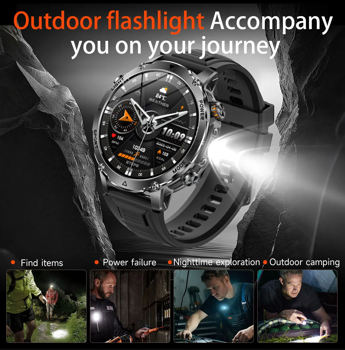 New Military 1400mAh Battery Smart Watch 10ATM Waterproof LED Flashlight Heart Rate 100+Sports mode SOS Alarm Bracelet Men Women