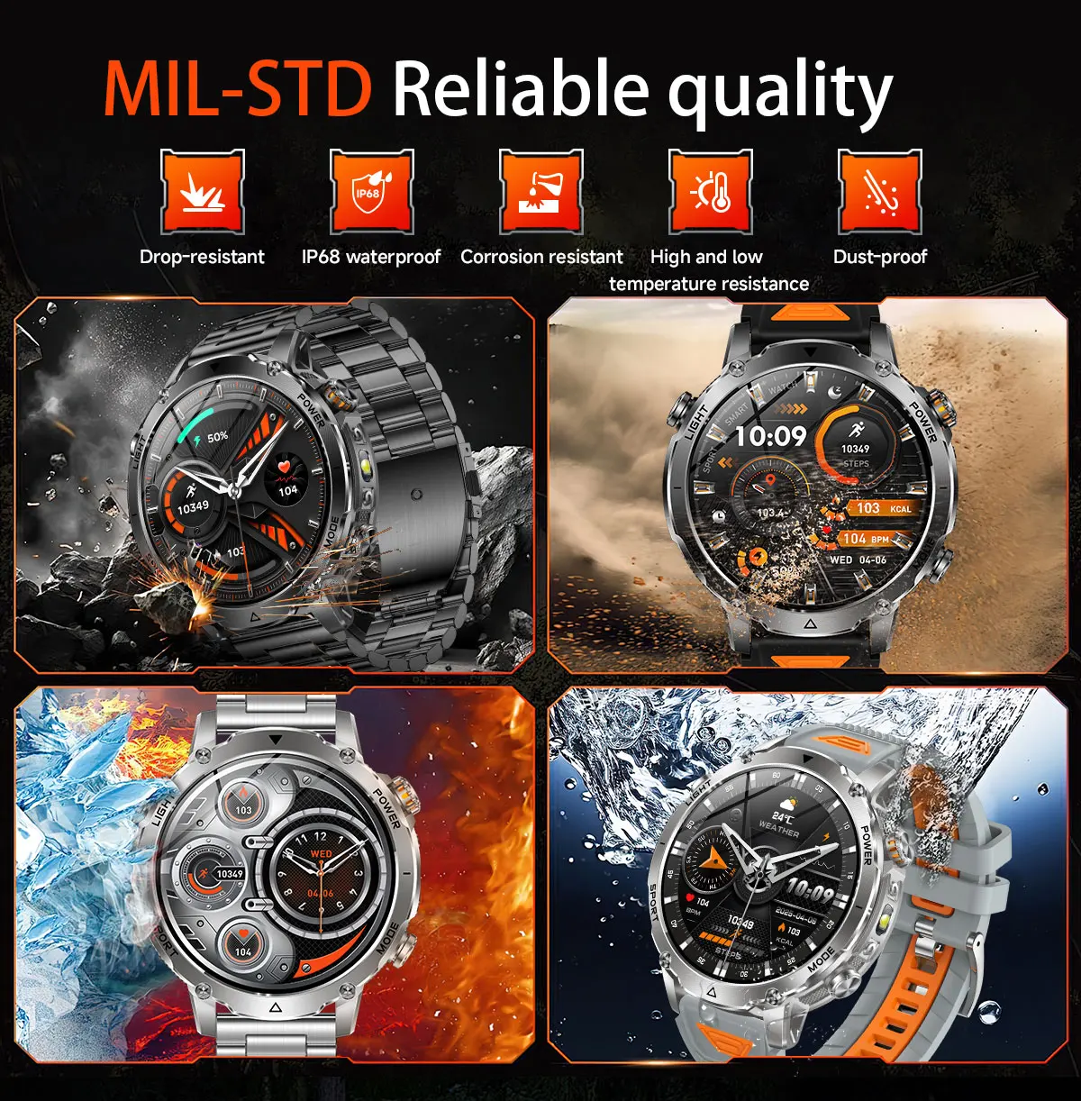 New Military 1400mAh Battery Smart Watch 10ATM Waterproof LED Flashlight Heart Rate 100+Sports mode SOS Alarm Bracelet Men Women