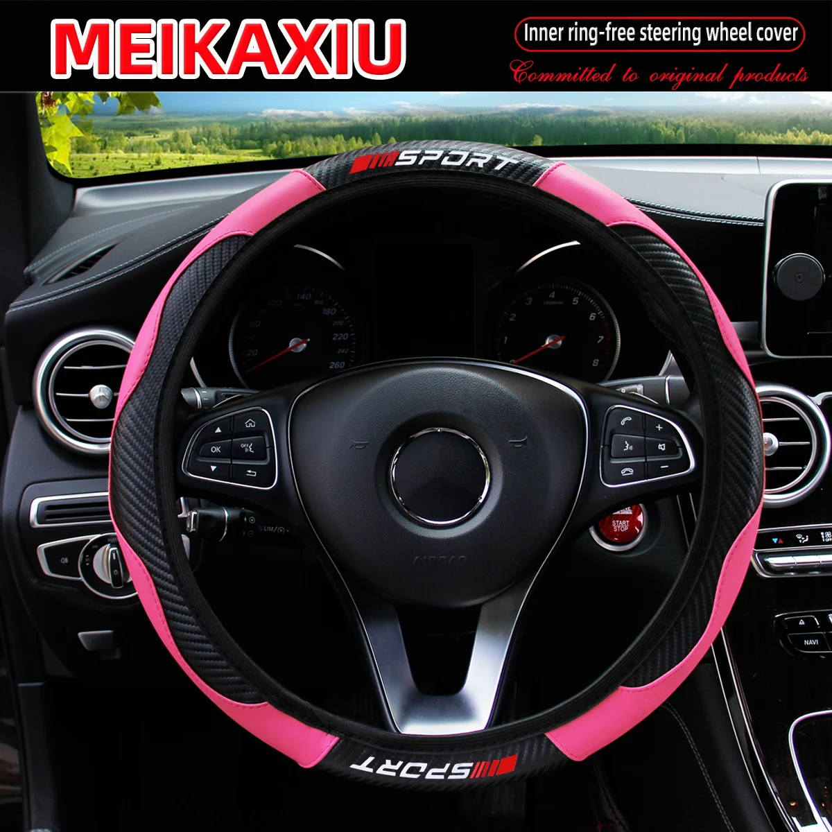 Carbon Fiber Red SPORRT Sports Style Stretchable Car Inner Tube-Free Steering Wheel Cover for Car Interior Accessories for Women