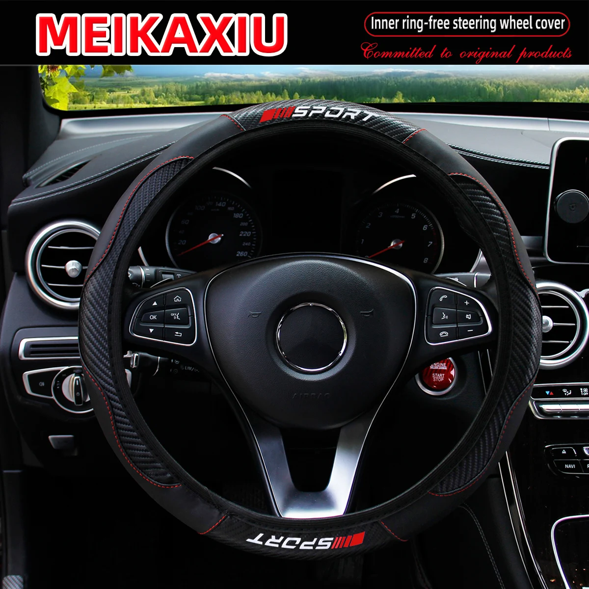 Carbon Fiber Red SPORRT Sports Style Stretchable Car Inner Tube-Free Steering Wheel Cover for Car Interior Accessories for Women