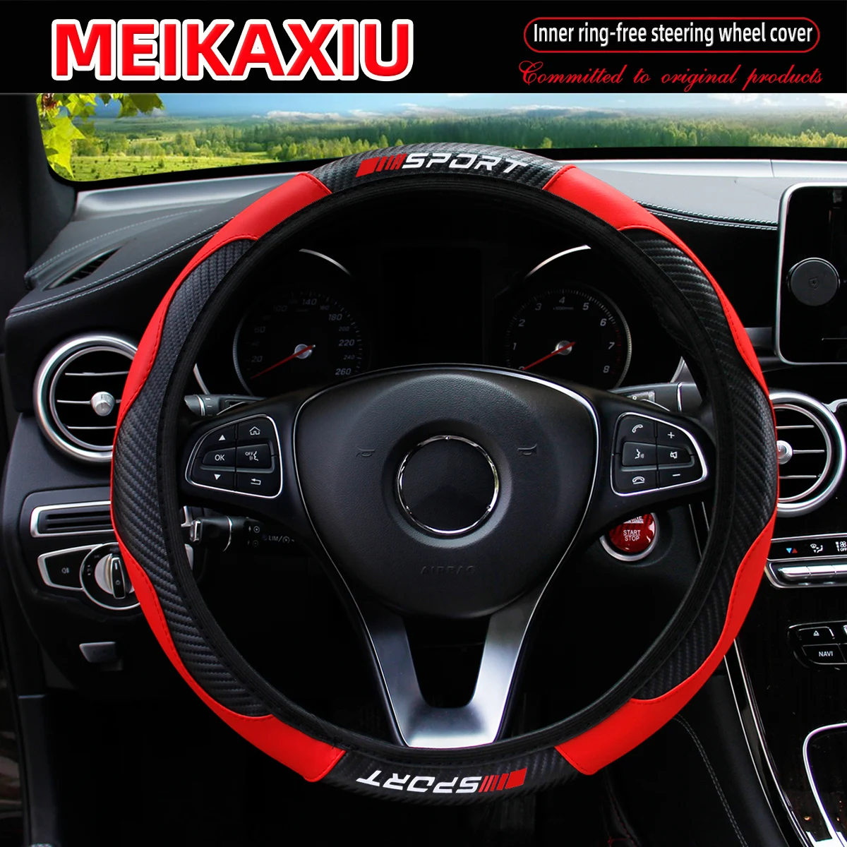 Carbon Fiber Red SPORRT Sports Style Stretchable Car Inner Tube-Free Steering Wheel Cover for Car Interior Accessories for Women