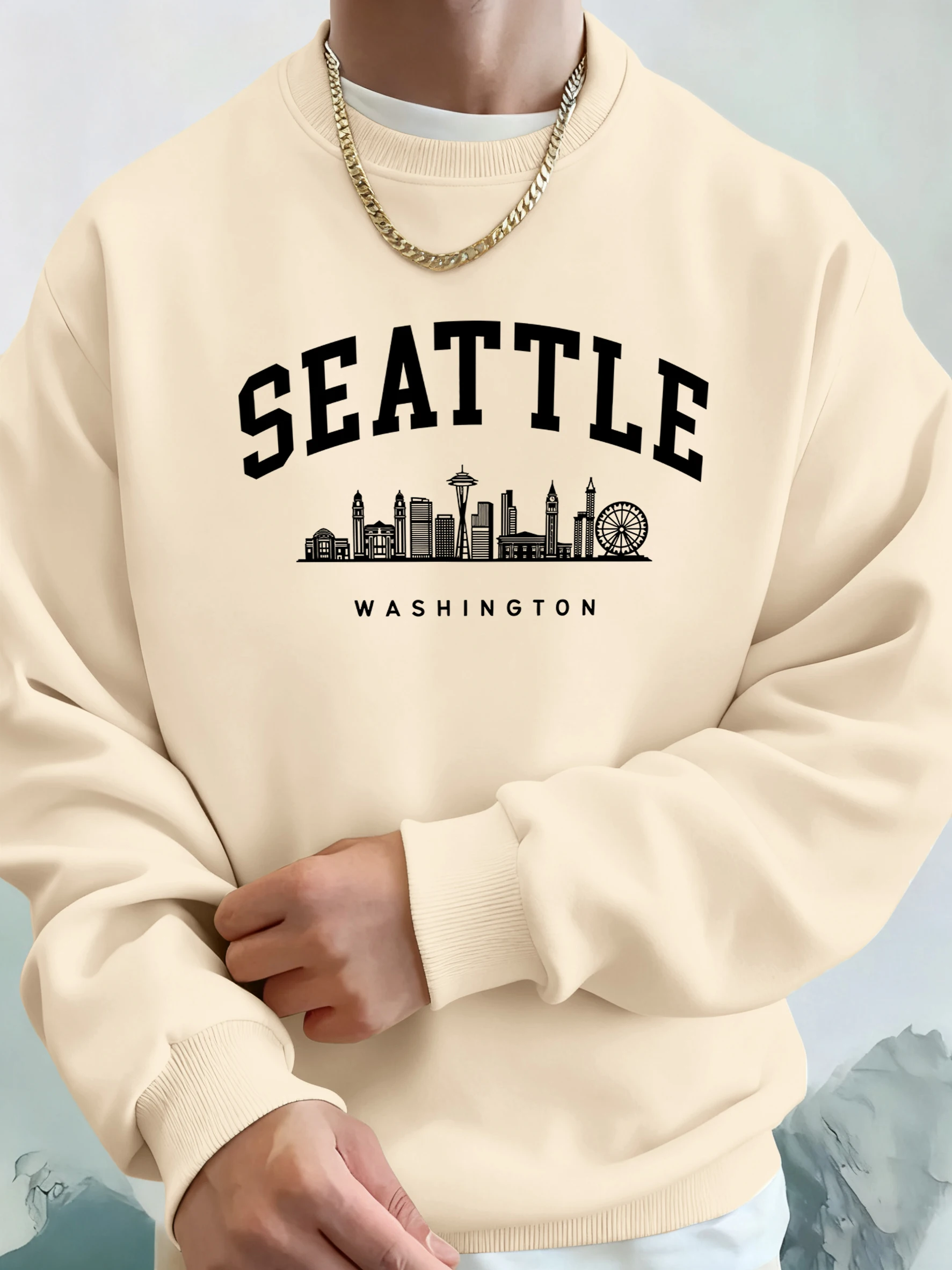 Seattle Washington Letter Creative Printed Fashion Sportswear Man Pocket Warm Top Fleece All-Match Clothes Comfy Soft Sweatshirt